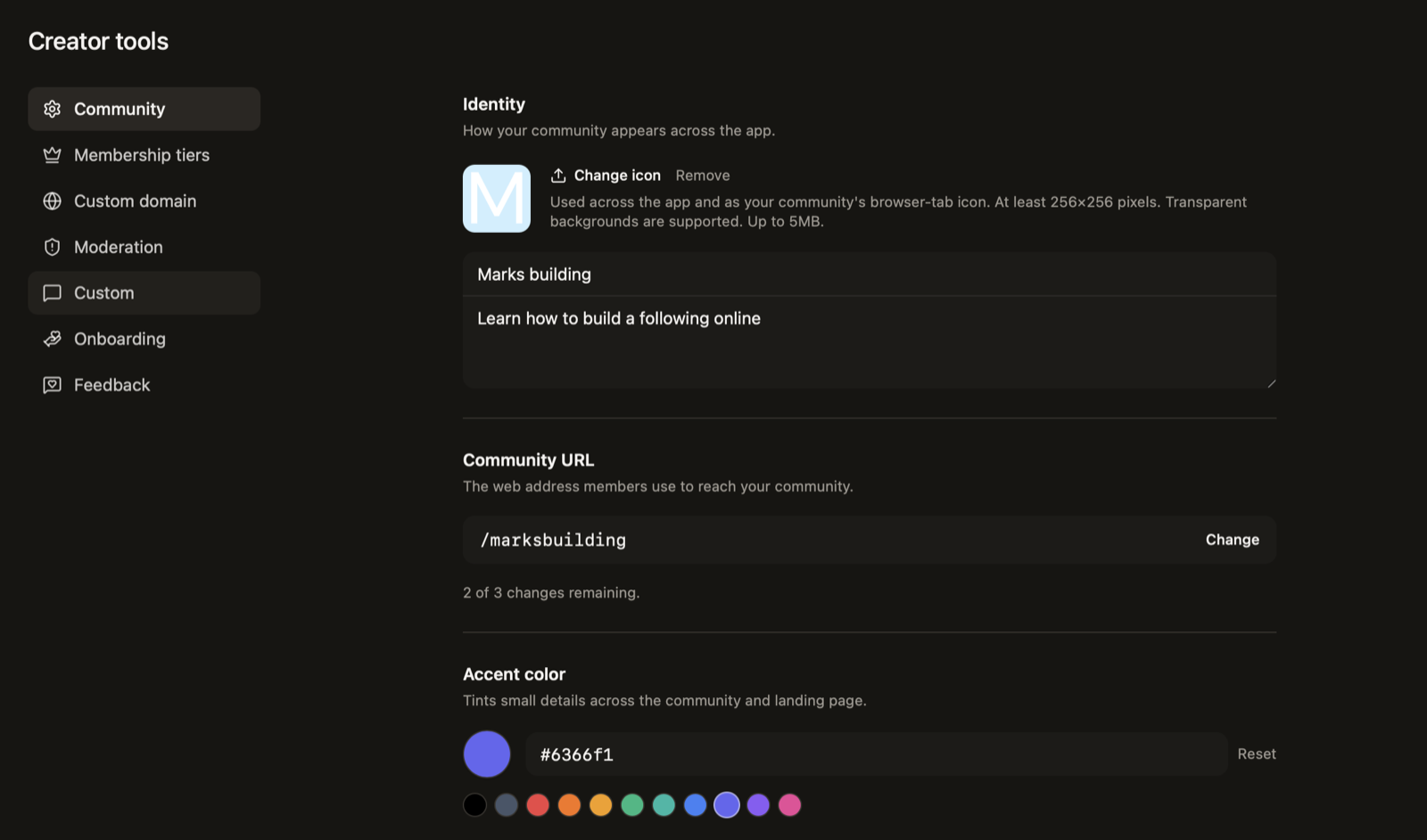 Meplio creator tools showing the community icon, name, URL, and accent color settings
